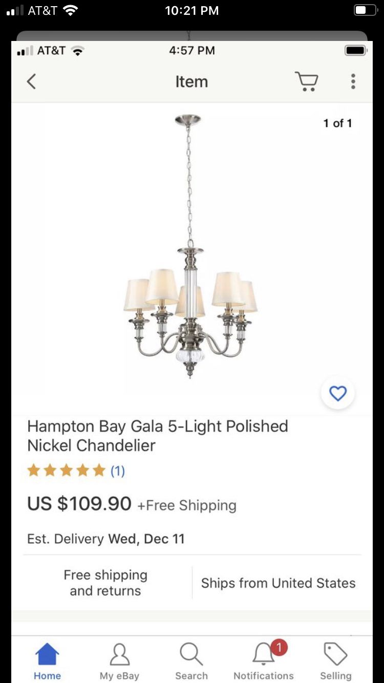 Hampton bay gala 5 light polished nickel chandelier fixture🖤