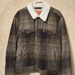 Levis Corduroy Sherpa Lined Trucker Plaid Jacket Brown Yellow