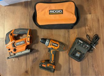 RIDGID 18V Cordless Jigsaw + Drill + Battery Charger & Tool Bag