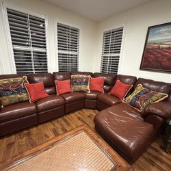 Brown Leather Sectional Sofa w/ Recliner & Chaise