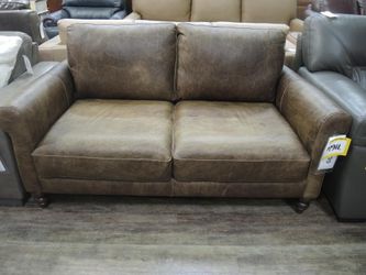 Toscano Distressed Brown Leather Loveseat with Turned Legs