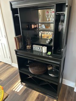 Black Wood Bar Cabinet with Mirror Back