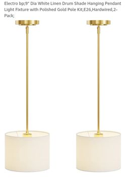 9inch White Linen Drum Shade Hanging Pendant Light Fixture With Polished Gold Pile Set Of 2
