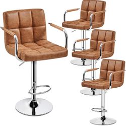 Bar Stools Set of 4 with Backs, Height Adjustable, Retro Brown