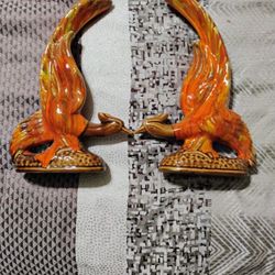 Vintage Ceramic Pheasant Figurines 12" Orange Brown Yellow Drip Glaze MCM Retro Vintage