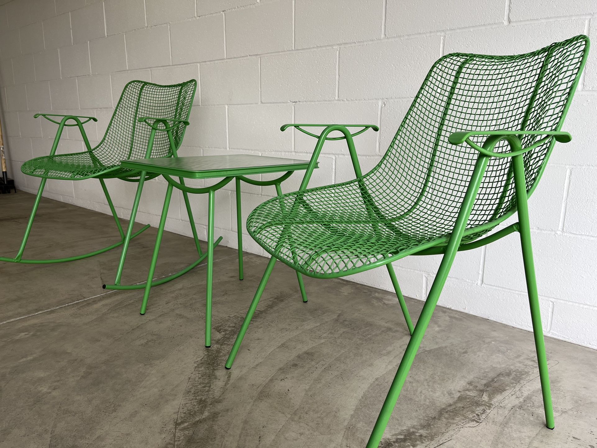 Vintage Russell Woodard Sculptura Outdoor Rocking & Arm Chair & Side Table
