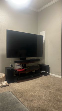 Samsung TV, TV stand, sound system