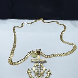 14k solid Gold cubana chain and Crusifix anchor , necklance gold pendant