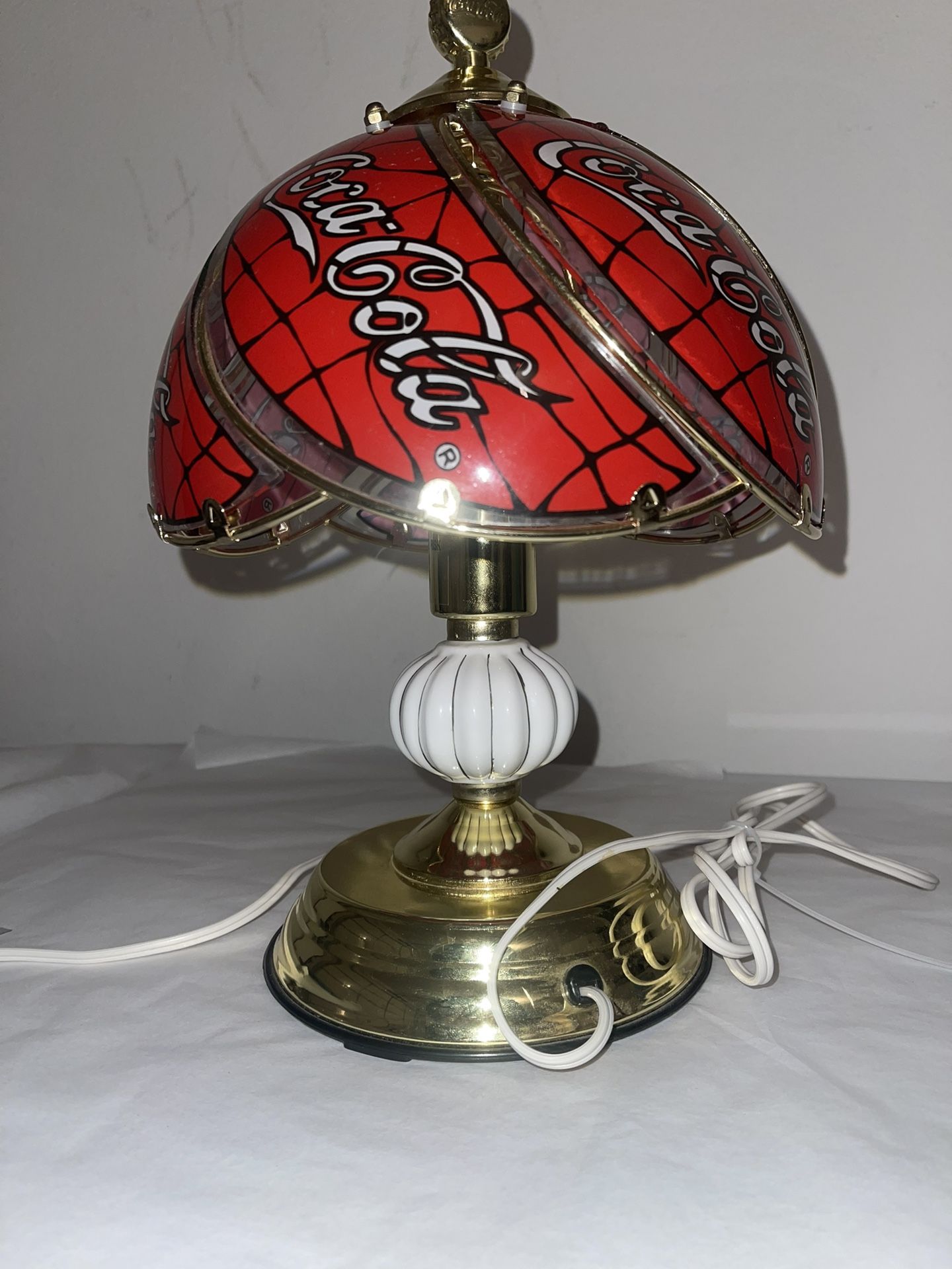 Vintage Coca Cola Touch Lamp With Stained Glass Shade, 16 Inches Tall