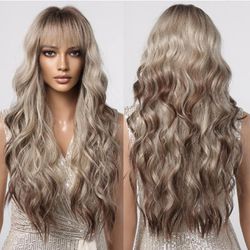 Human hair blend platinum blonde with brown highlights wig