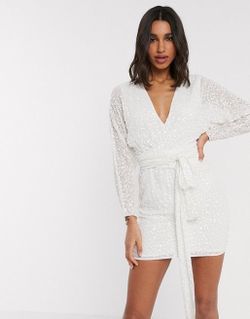 White Sequin Mini Dress with Tie Waist