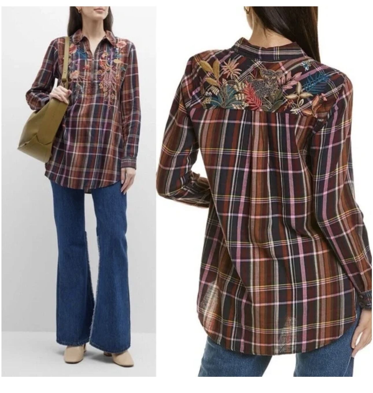NWT Johnny Was Embroidered Plaid Button Down Shirt