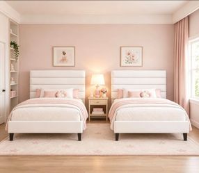 2pcs Twin Bed Frame with Velvet Upholstered Headboard, Platform Bed No Box Spring Needed, Wood Slats Metal Frame 600 lbs Support, Noise-Free Easy Asse