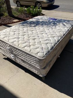 Queen size bed mattress, box spring, and frame Serta Brand