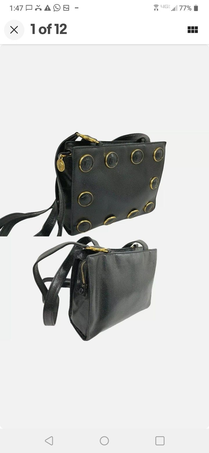 AUTHENTIC GIANNI VERSACE Medusa Studs Tote Bag Shoulder Bag Black Leather