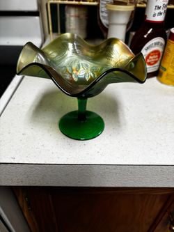 Green carnival glass dish