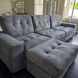 New Large Gray Corduroy Wide 3 Seat Sofa & Ottoman- Solid Wood Frame