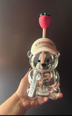 Starbucks Bear Glass Cup with Strawberry Straw
