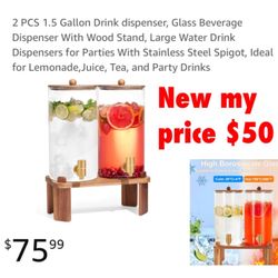 New in box 2 PCS 1.5 Gallon Drink dispenser, Glass Beverage Dispenser With Wood Stand, Large Water Drink Dispensers for Parties$50