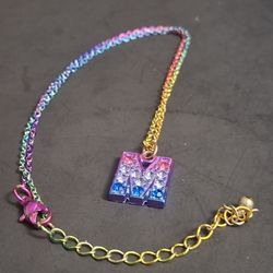 Rainbow Initial "M" Pendant Necklace Embellished W/Glitter & Cubic Zirconia's W/A Matching Rainbow Colored Chain 15" W/2" Extra Chain