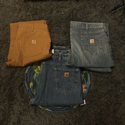 Carhartt Men's Work Pants Jeans Lot Brown Blue Cotton 3 Pairs Sizes 42x34 35x30.