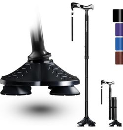 KingPavonini Walking Cane for Men Women Stability, Free Standing Foldable Cane, Ergonomic Handle Pivoting Quad Base, Heavy Duty 350 LBs, Adjustable Wa