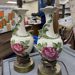 Vintage Ceramic Rose Table Lamps 