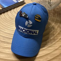 Ayrton Senna Cap Nacional Formula 1 F1 Adult Blue Hat Race pin McLaren & helmet 
