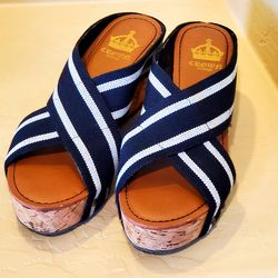 SZ 10 Cork Wedge Navy Blue and White Espadrille Sandals