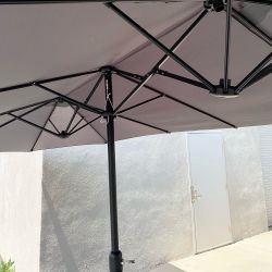 New in Box $95 Large 15 FT Double Sided Umbrella Outdoor Patio, Gray/Red color (Weight base not included)
