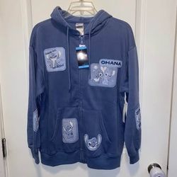 Brand new with tags Disney Stitch Hoodie Womens Blue Full Zip Sweatshirt Ohana Graphics size large Must pick up 