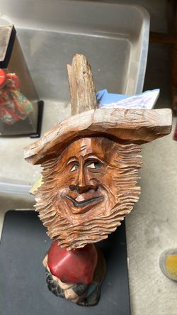 Hand-Carved Wood Face Sculpture with Hat