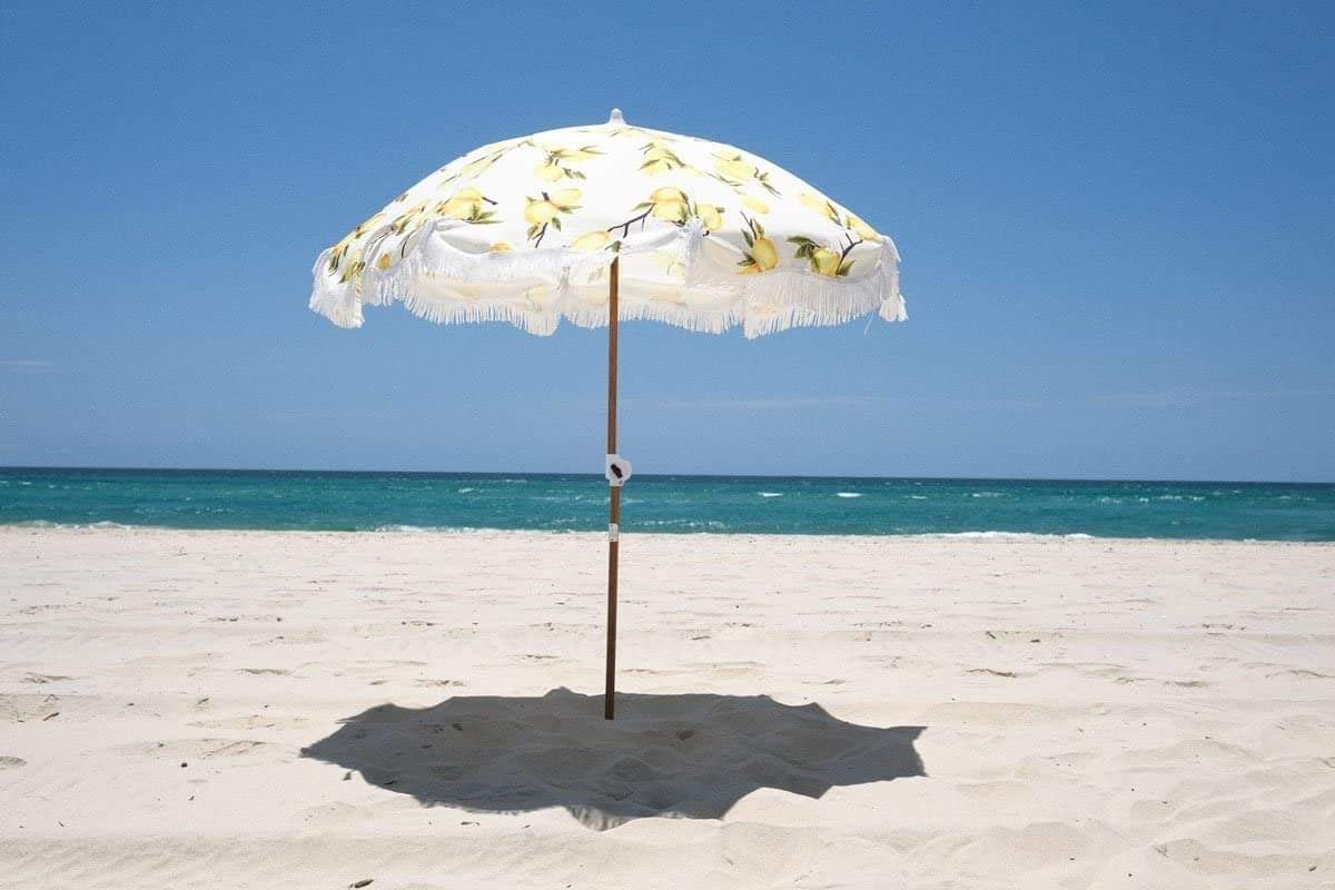 Business & Pleasure Co. Holiday Umbrella - Boho Beach Umbrella with Fringe - UPF 50+ Blocks 98% UV - Premium Wood Pole & Aluminum Hinge-Vintage Lemon