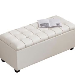 F58 Wimbix 38-inch White Faux Leather Storage Ottoman Bench with Seat and Footrest Function - for Bedroom, Living Room & Entryway