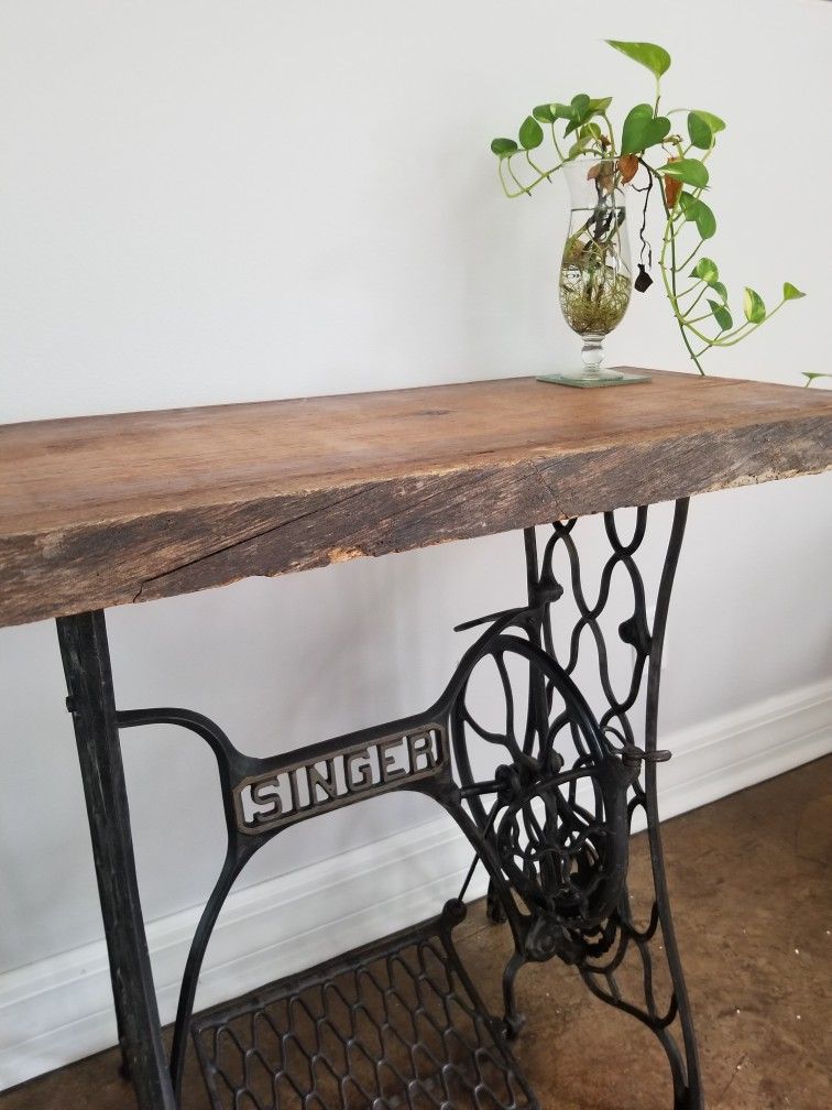 Angelique Exotic  Natural Live Edge Wood Slab Lumber Table Top 2 x 18 x 49 and Antique Rustic Singer Treadle Base. Ft