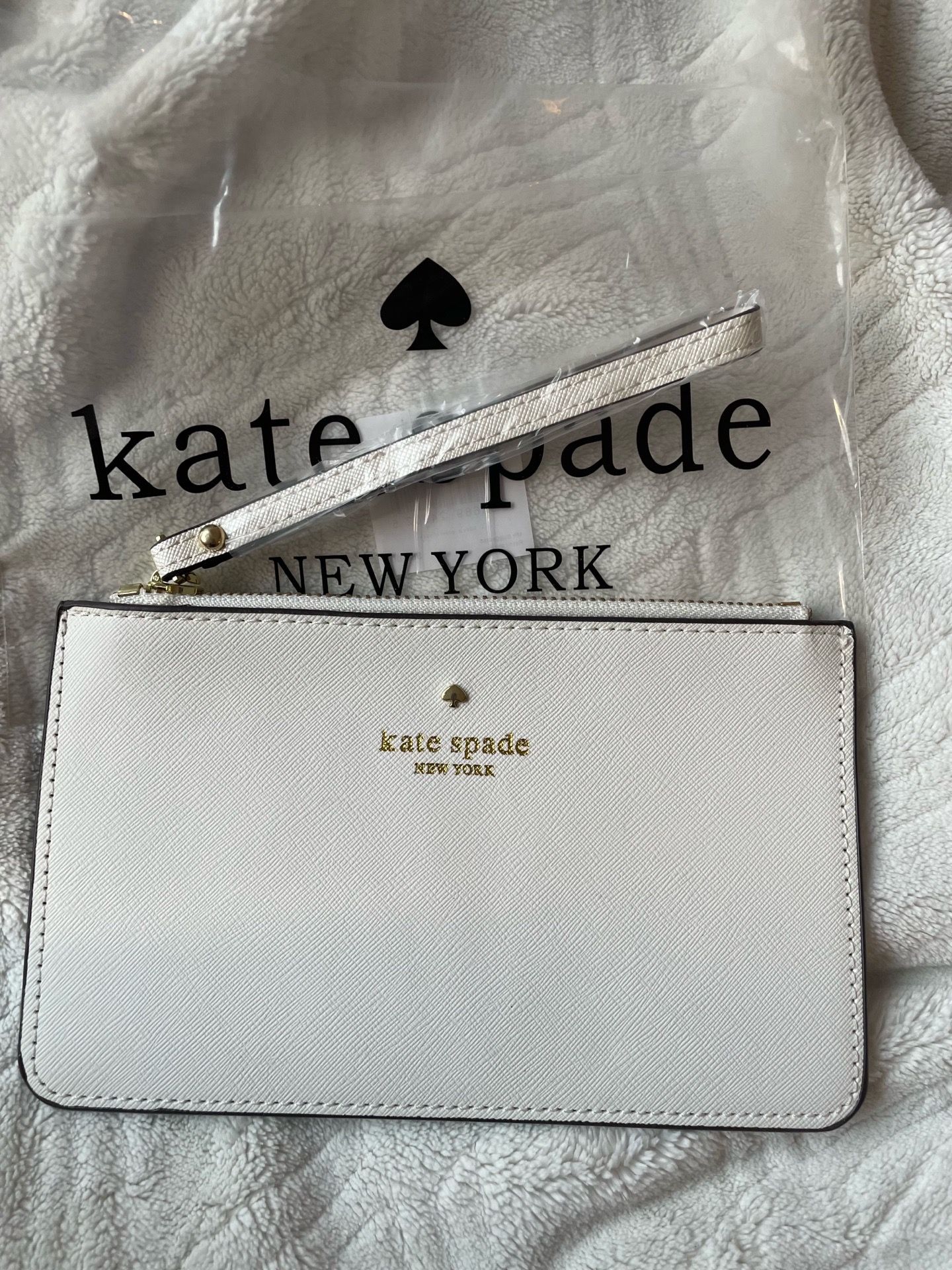 Kate Spade New York White Wristlet Pouch with Logo Accent, Gold Hardware Zip
