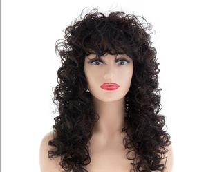 Dark Brown Curly Synthetic Wig with Bangs Heat Resistant 24"