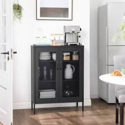 Black Metal Storage Cabinet with Glass Doors, Adjustable Shelves