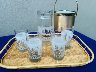 Vintage Covetro Italy Frosted Gold Wheat Pitcher & 4 glasses