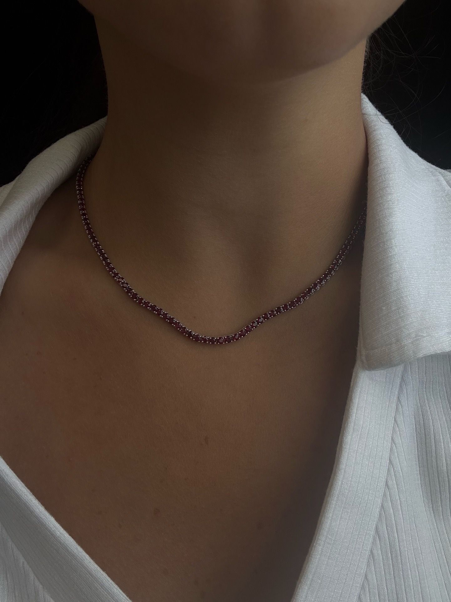 8CT Round Cut Natural Red Ruby Tennis Necklace 18K In White Gold