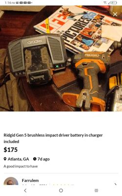 Ridgid Gen 5 brushless impact driver battery in charger included