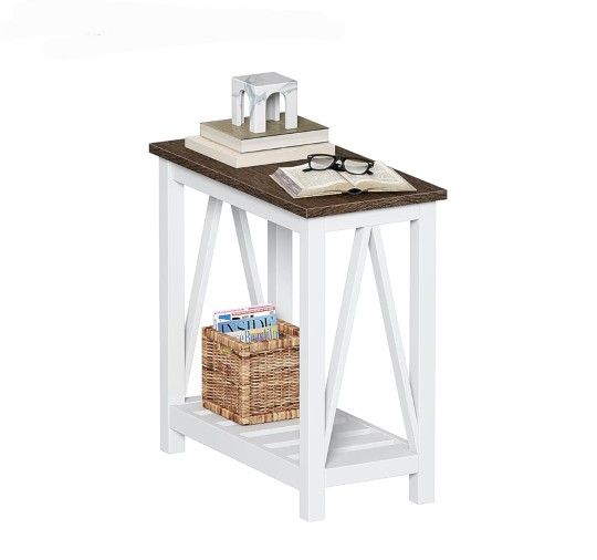 Farmhouse End Table, Narrow Side Table, Slim End Table with Storage Shelf, White Brown