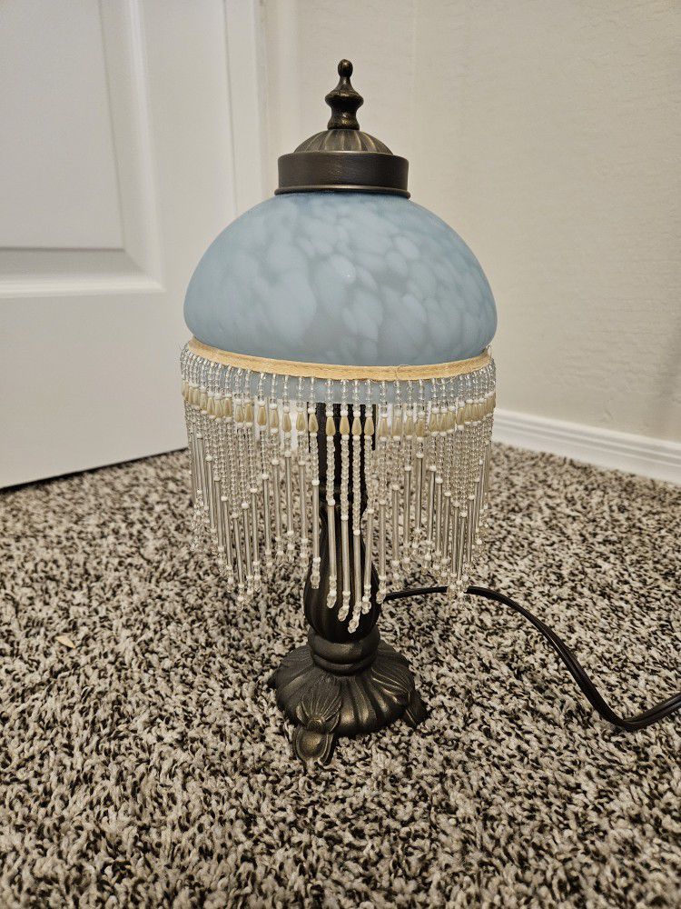 Vintage Boudoir Frosted Blue Glass Dome w/ Beaded Fringe Shade Lamp 14”
