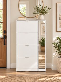 White Shoe Storage Cabinet with Mirror