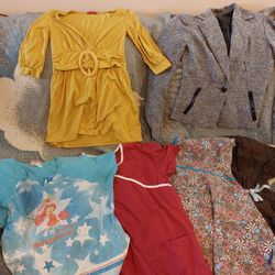 Lot Of Women's Clothes, Ladies Shirts Brown Yellow Pink Flower Strawberryshortcake, Skirt, Coat Jacket, Scrubs