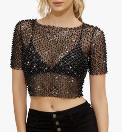 New Women's Pearl Mesh Sheer Crop Top, Sparkly Short Sleeve, Glitter See Through, Sexy Tee Shirt for Casual Party Club