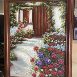 Beautiful Floral Cottage Door Painting (Framed)