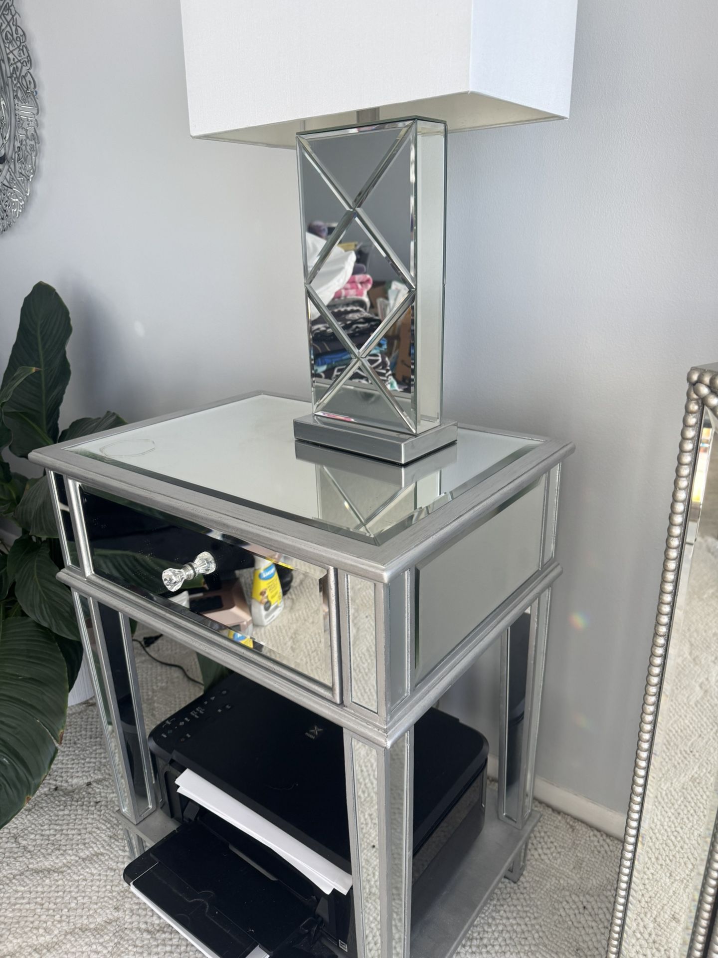 Mirror End Table and Lamp