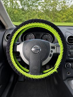 Crochet Steering Wheel Cover - Black Lime Green Cotton Car Accessory Gift for Drivers