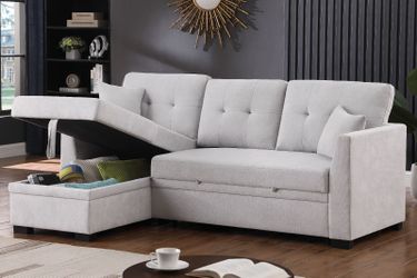 NEW Sectional Couch Gray Fabirc Pullout Sleeper Bed Small Living Room Space Saving Apartment Size Reversible Left or Right STORAGE Chaise Grey Sofa